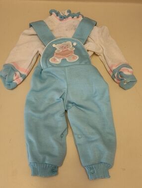 New Vintage Bull Frog Knits 3-6 Months Outfit Blue Overalls With Teddy Bear